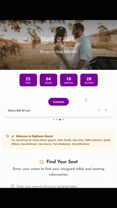 Animated demo showing how guests scan a QR code to upload wedding photos and leave personalized messages using DigiSeats