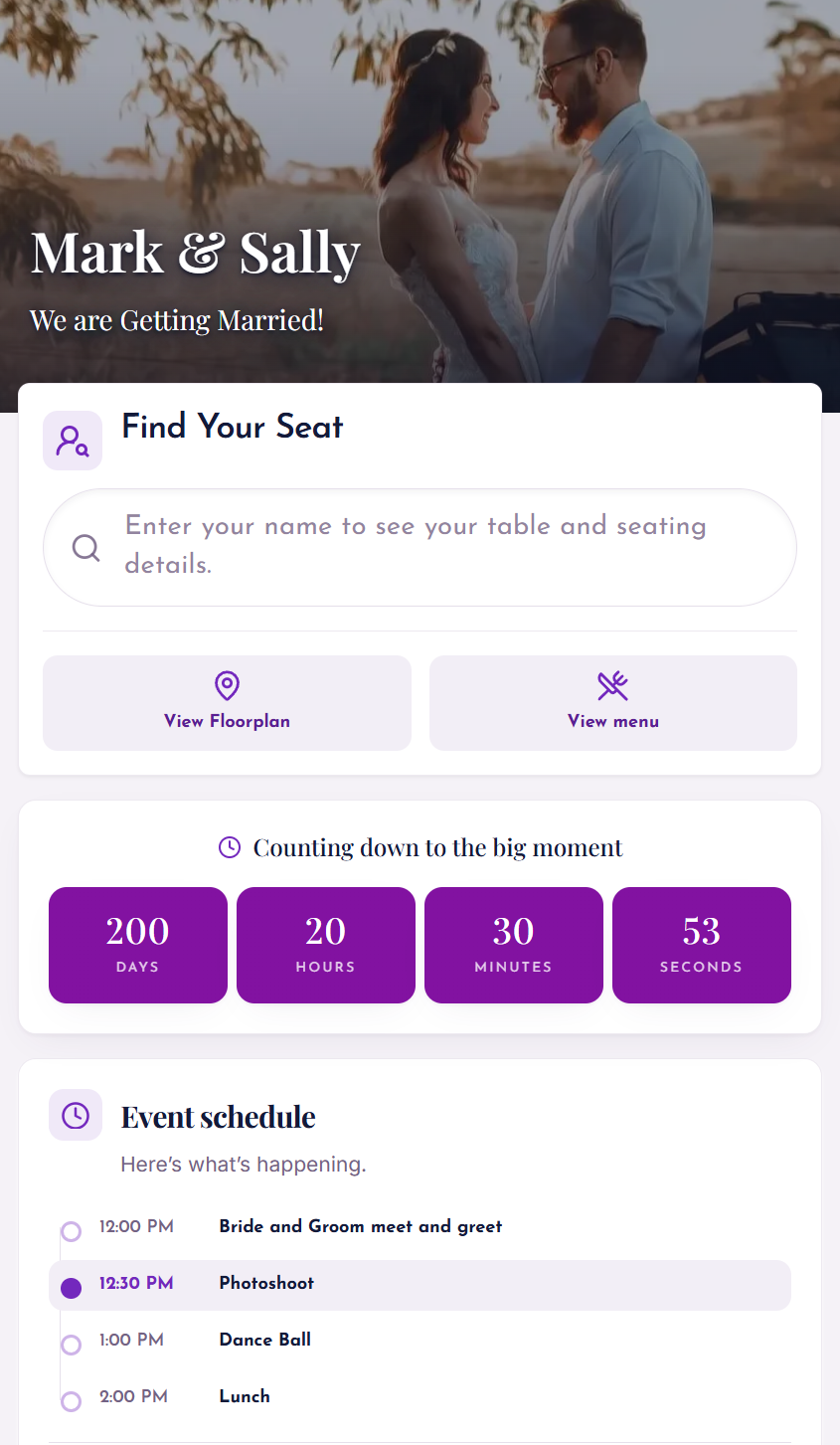 DigiSeats Extended Package guest view with countdown, event schedule and seating details