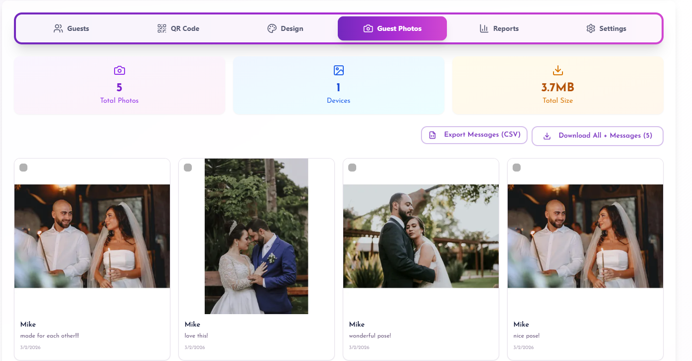 DigiSeats host backend dashboard showing a gallery of uploaded wedding guest photos with personalized messages and ZIP download option