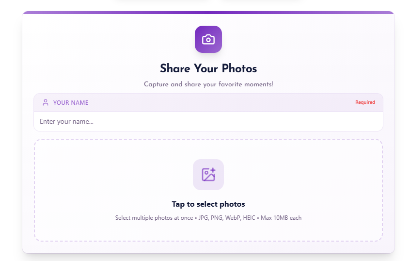 DigiSeats guest mobile view showing the QR code photo upload interface where guests enter their name and select photos to upload at a wedding